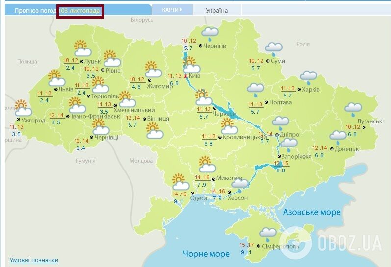 Прогноз погоды на 3 ноября Украинского гидрометцентра.