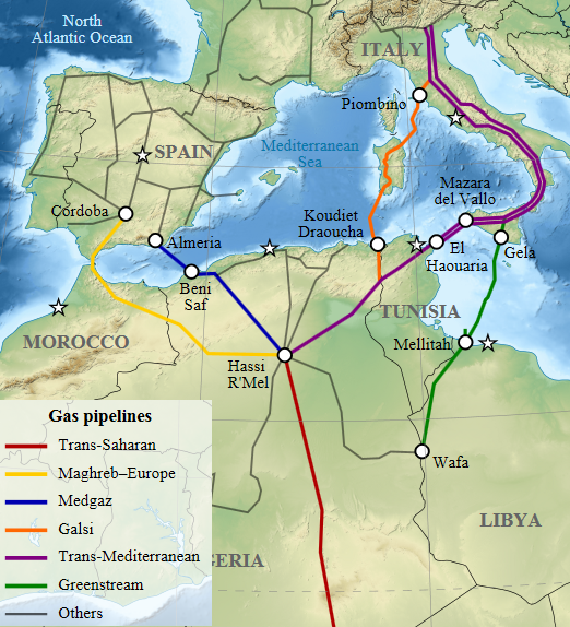 Газопровід Магриб – Європа позначений жовтим, Medgaz – синім