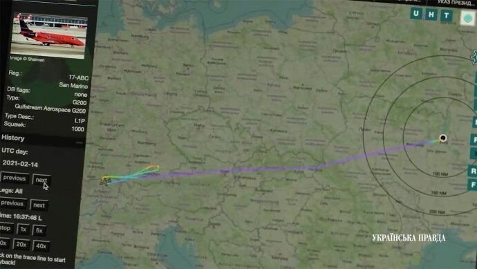 Маршрут літака Кушніра з України до Швейцарії за 5 днів до запровадження санкцій.