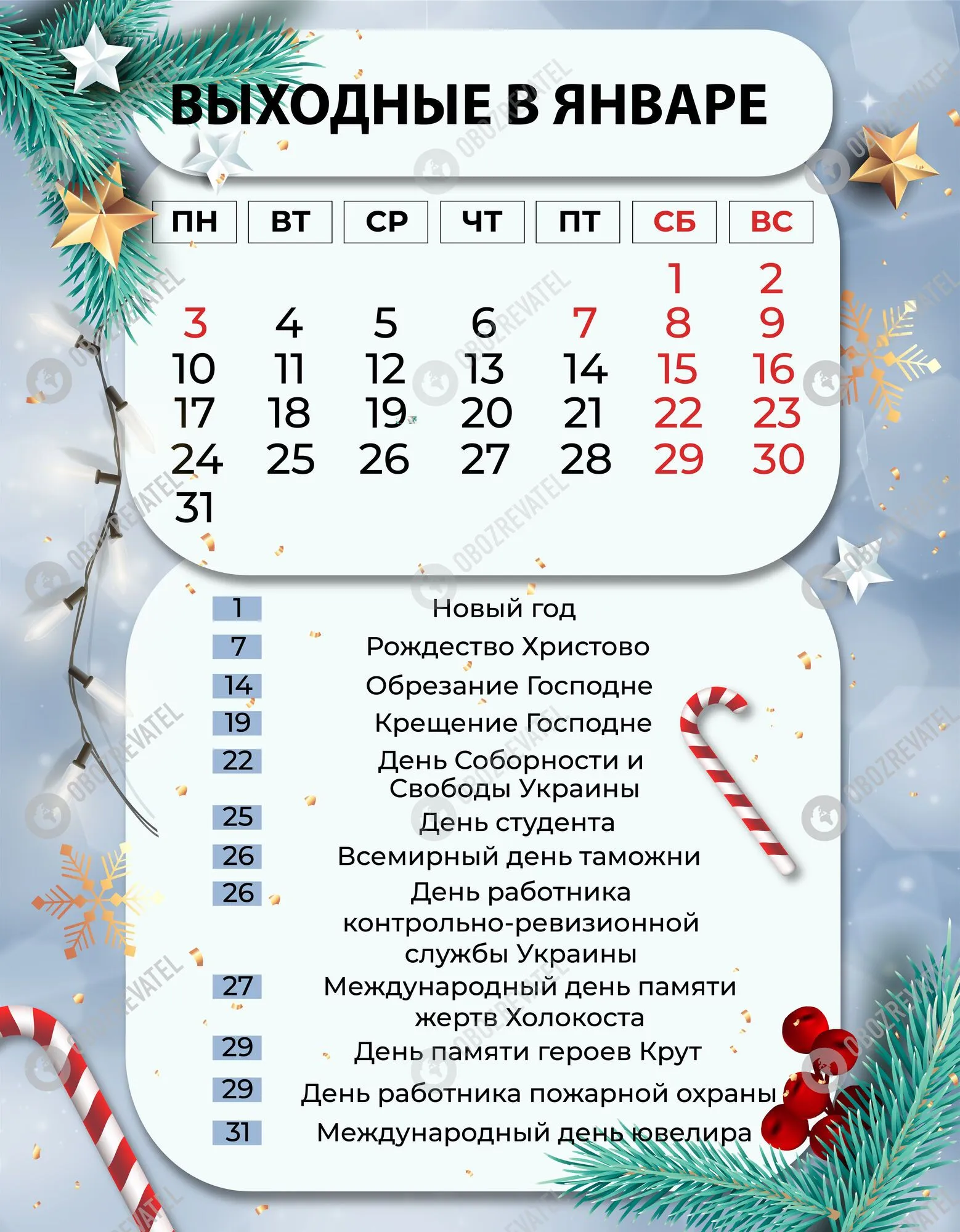 В январе 2022 года в Украине будет 12 официальных выходных