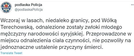 Скриншот посту поліції Підляшшя у Twitter.