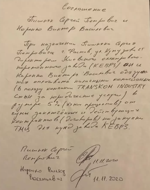 Угода між Пишняком С. та Норенко В. про відкати 5%