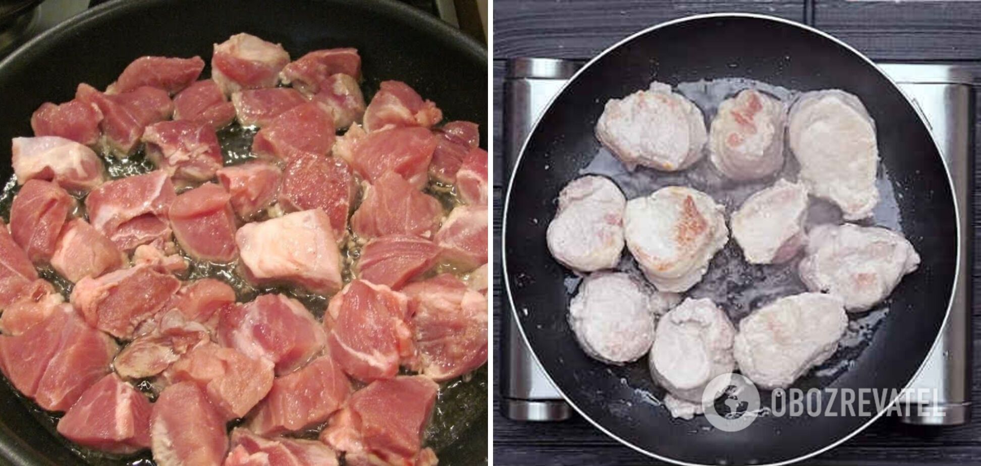 Нужно обжарить свинину с обеих сторон, после чего тушить в сливочном соусе.