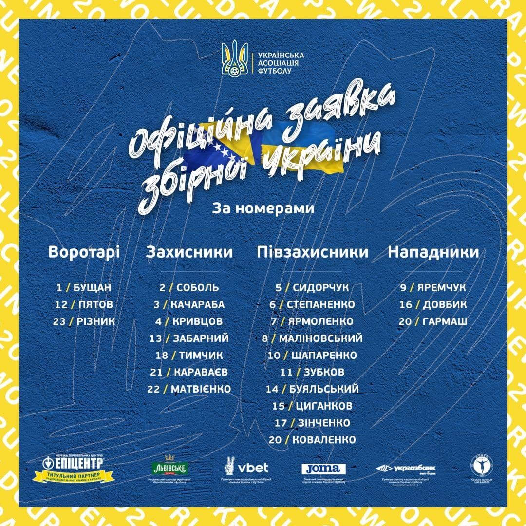 Заявка сборной Украины на матч с Боснией.
