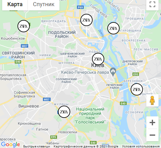 Расположение магазинов Zara в Киеве