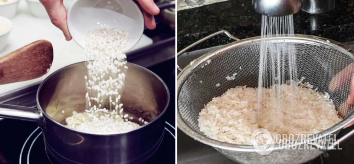 Промывание риса для приготовления