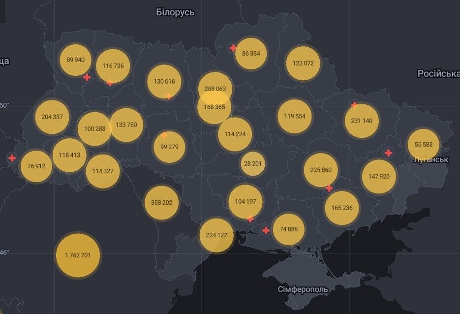 Карта распространения коронавируса в регионах Украины