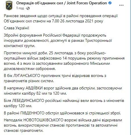 25 листопада російсько-окупаційні війська на Донбасі 14 разів обстріляли позиції ЗСУ