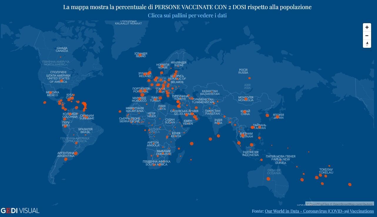 На карті відображено відсоток людей, вакцинованих обома дозами, порівняно з населенням у країнах