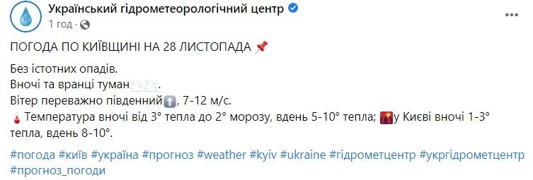 Скриншот посту Укргідрометцентру у Facebook.