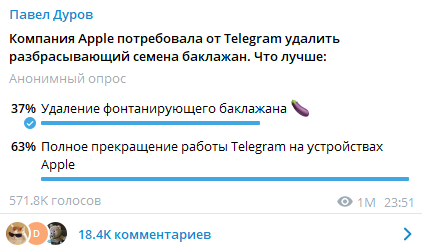 Скриншот повідомлення Павла Дурова в Telegram