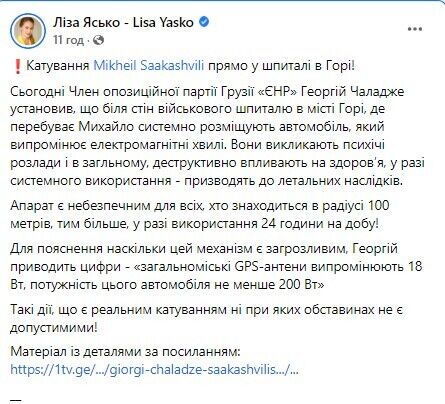 Ясько заявила об угрозе жизни Саакашвили