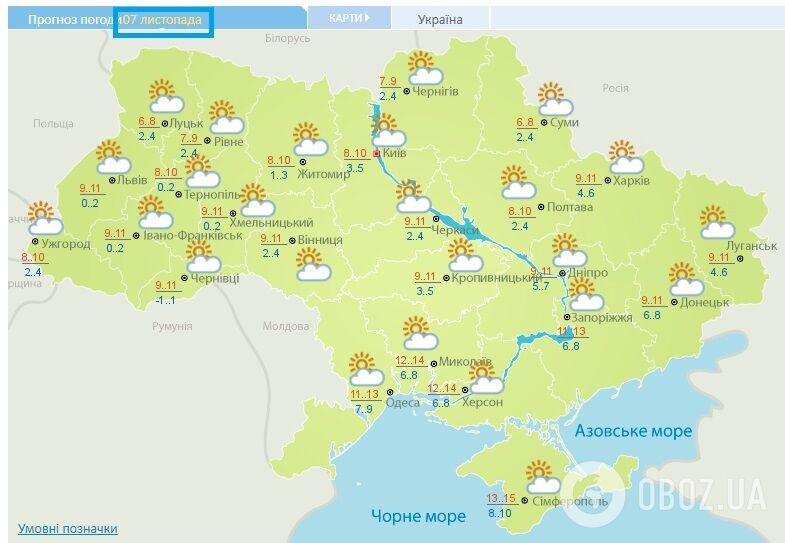 Прогноз погоды на 7 ноября Украинского гидрометцентра.