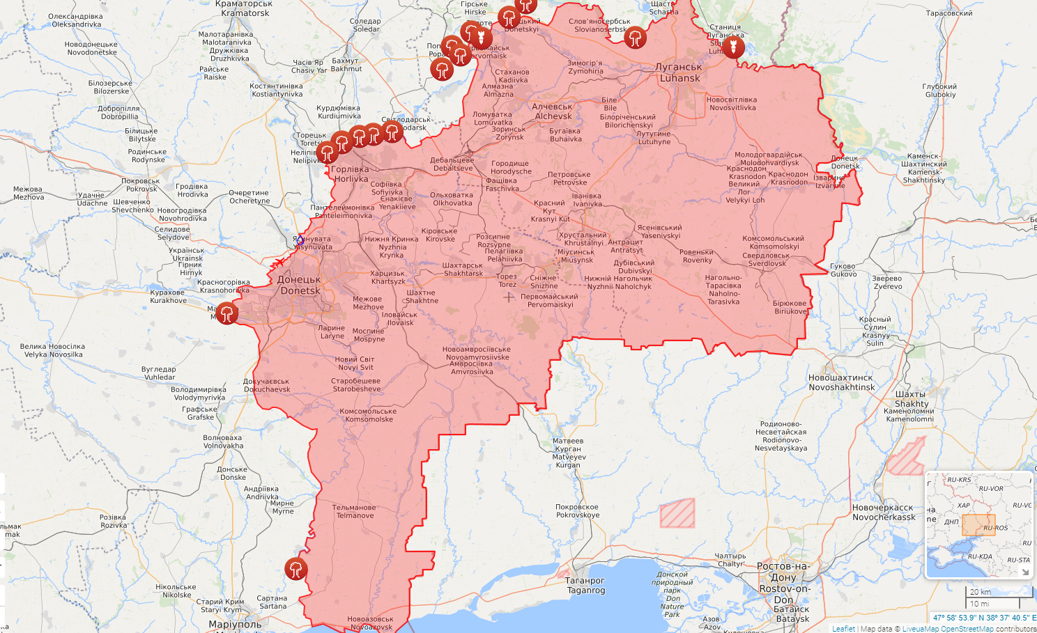Карта обстрілів з боку окупантів на Донеччині.