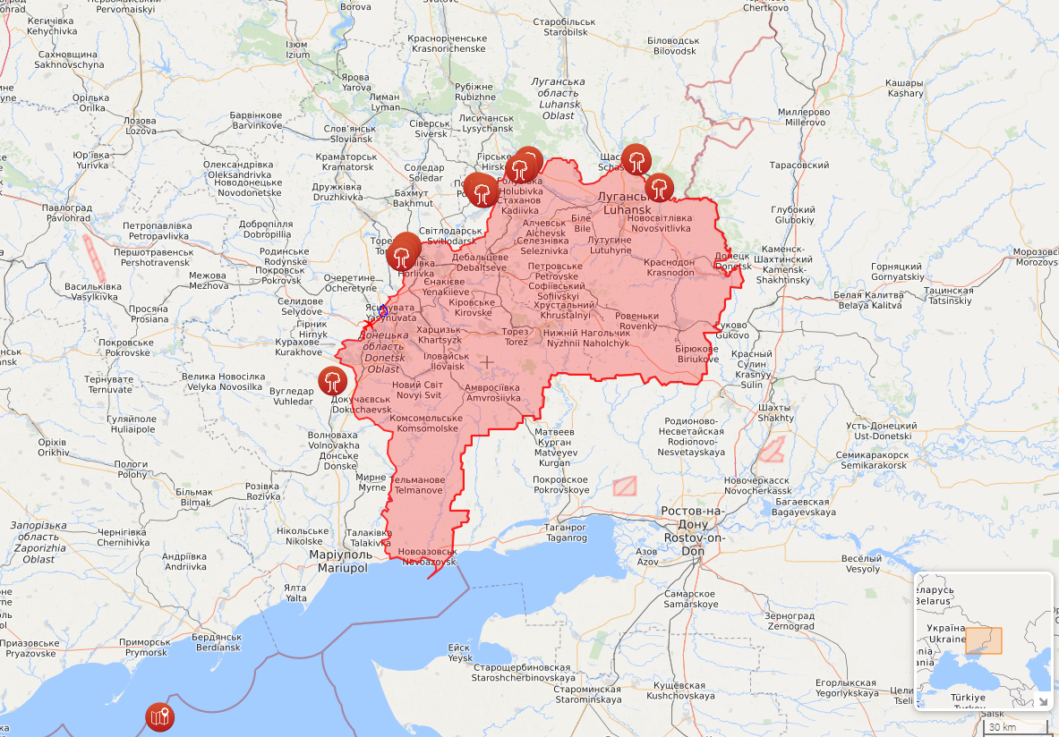 Карта обстрілів на Донеччині за останні кілька днів.