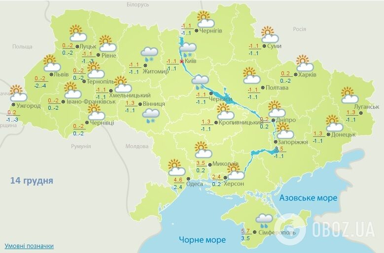 Прогноз погоди на 14 грудня від Укргідрометцентру.