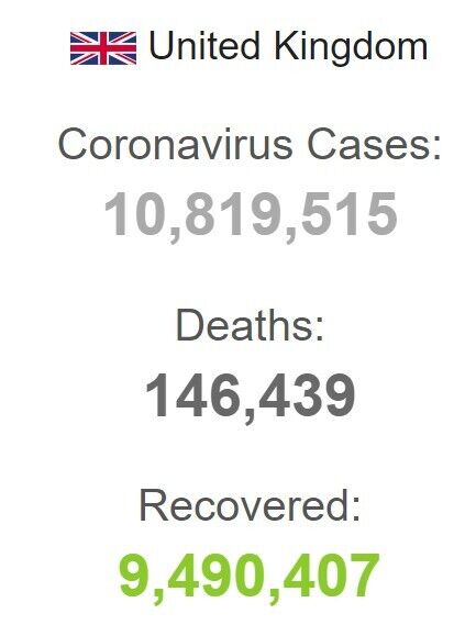 С начала пандемии в Британии зафиксировано 10 819 515 случаев заболевания COVID-19.