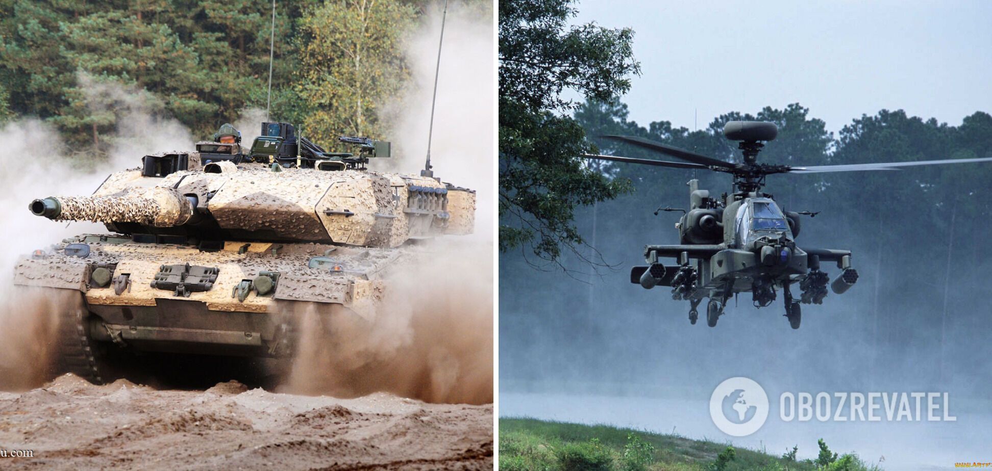 Слева – танк Leopard 2; справа – вертолет AH-64 Apache