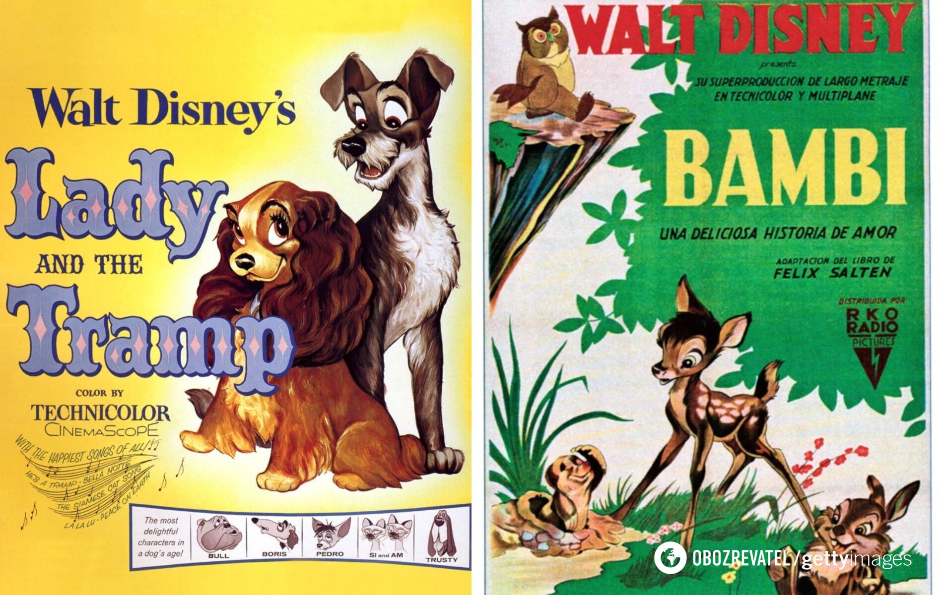 Постеры к мультфильмам "Леди и Бродяга" и "Бемби".