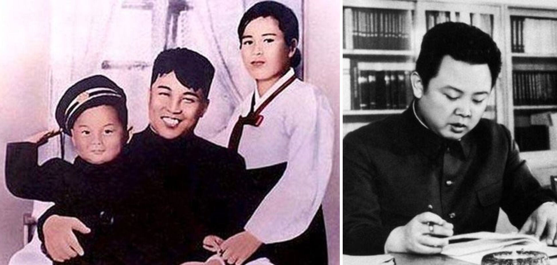Ким Чен Ир с родителями / Ким Чен Ир во время работы в партии