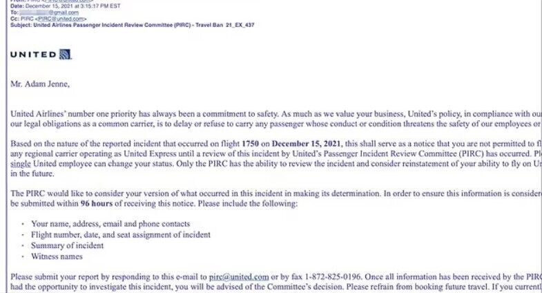 Скриншот письма Адаму Дженну от United Airlines