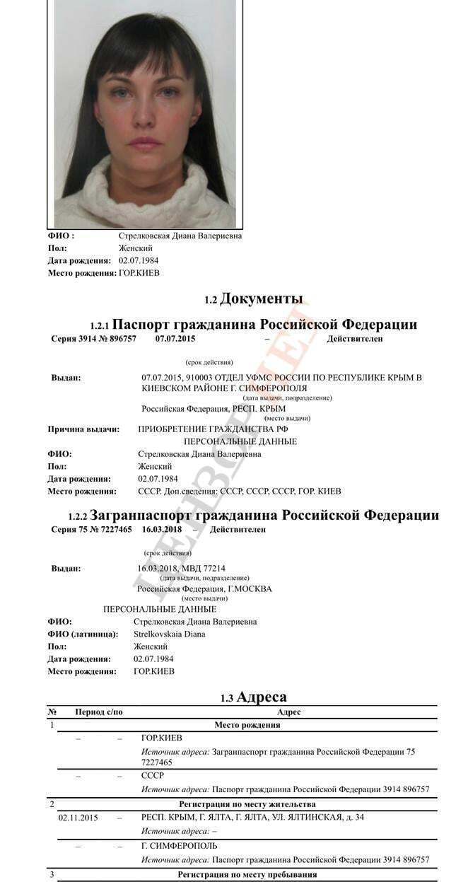 Скрин інформації про паспорт Діани Стрєлковської
