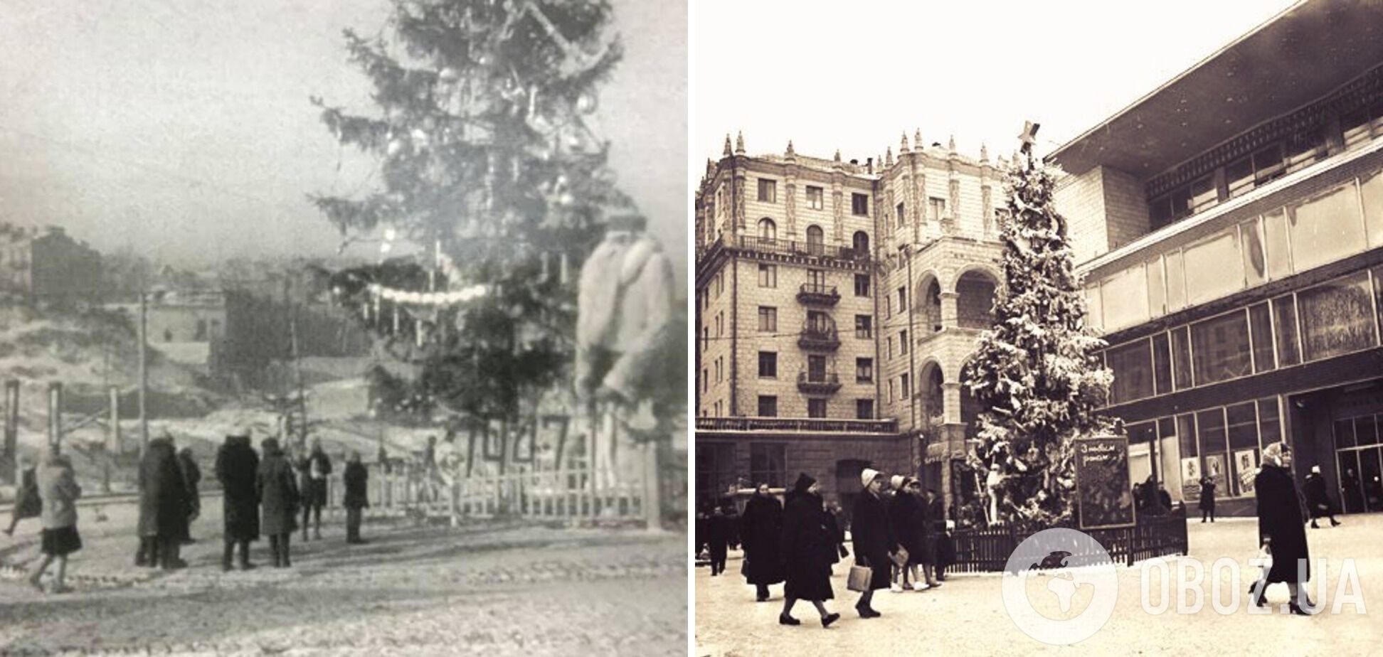Зліва головна ялинка у Києві в 1946 році, а справа у 1961.