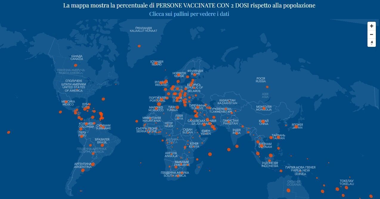 Карта охвата вакцинацией против COVID-19 населения разных стран мира