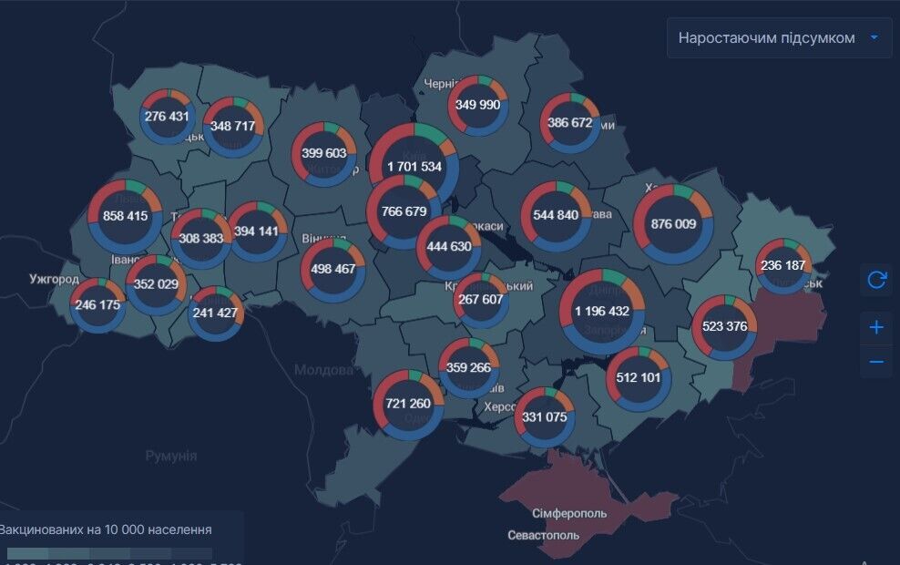 Розподіл кількості вакцинованих в Україні (друга доза)