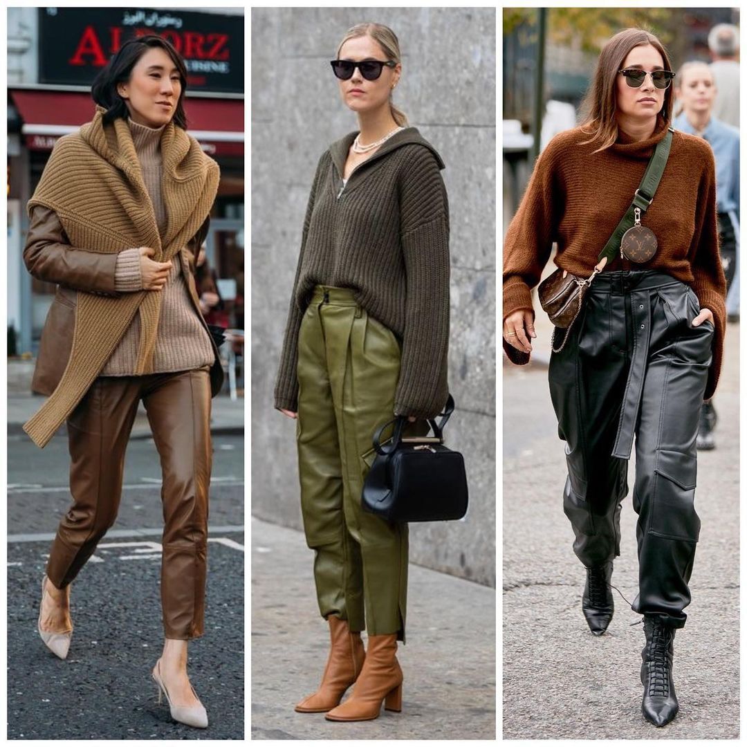 Шкіряні штани з об'ємним светром.