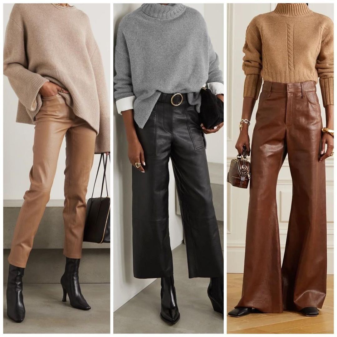 Шкіряні штани з об'ємним светром.