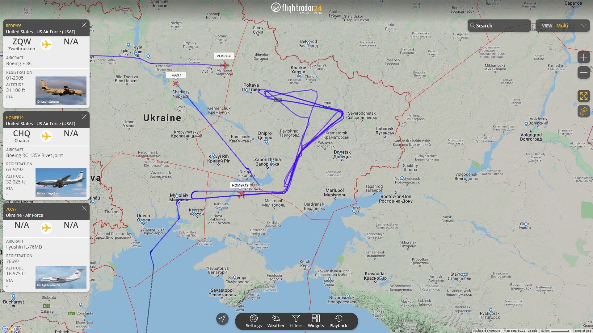 Траектория движения самолетов ВВС США над Украиной.