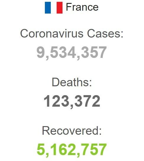 Всього з початку пандемії у Франції зареєстровано 9 534 357 випадків захворювання
