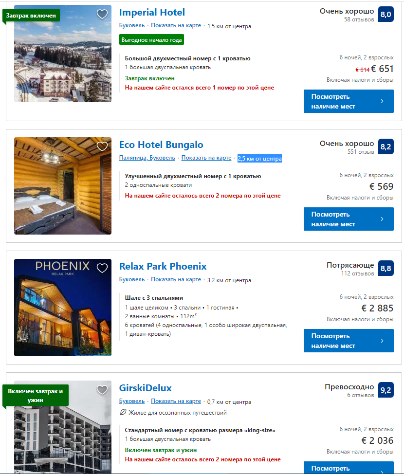 Ціни на готелі в Буковелі на двох з 3 по 9 січня 2022 року