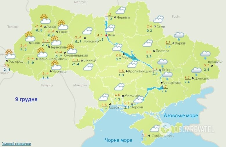 Прогноз погоди на 9 грудня 2021 року від Укргідрометцентру.