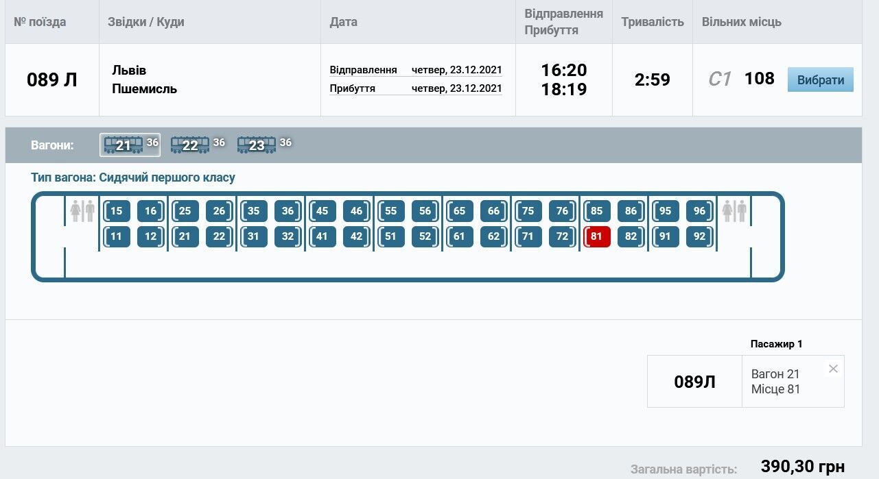 Вартість квитка на поїзд № 089 Л Львів – Перемишль, що відбуває 23 грудня