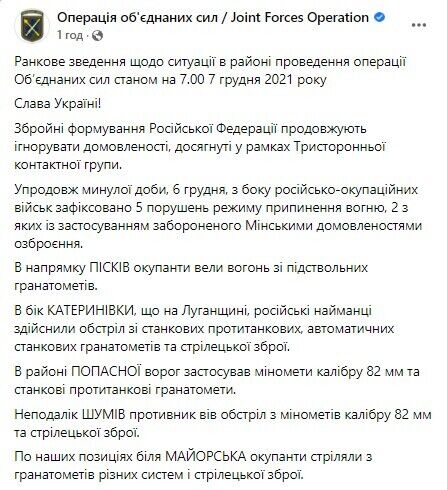 Противник на Донбасі 5 разів обстріляв українських військових