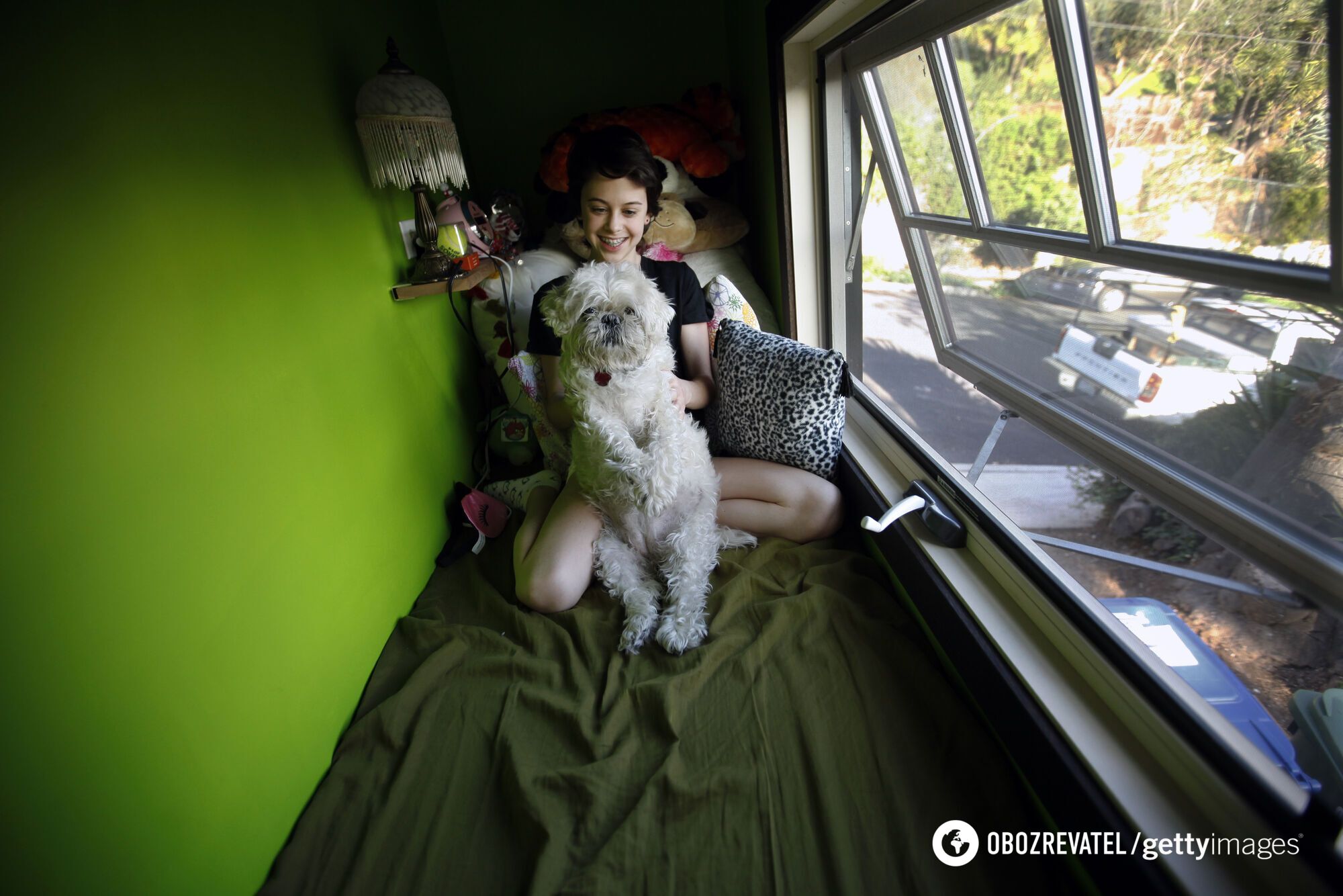 Джей Сігал та її собака в спальні на горищі, Лос-Анджелес