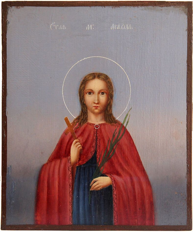 Старинная русская икона, на которой изображена святая мученица Агафия. XIX век.