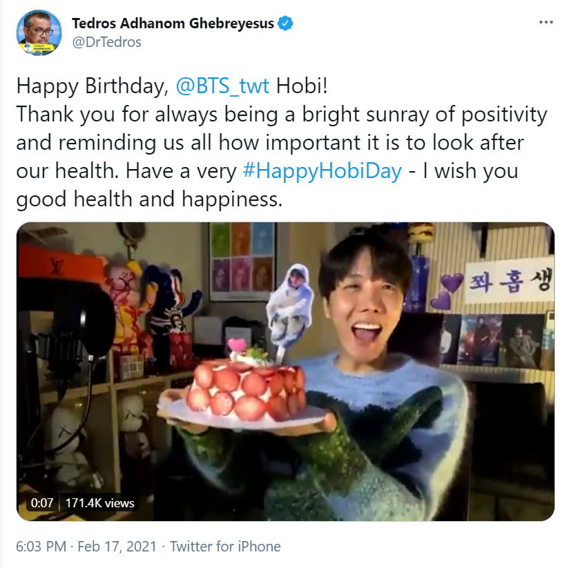 Глава ВООЗ привітав J-Hope з днем ​​народження