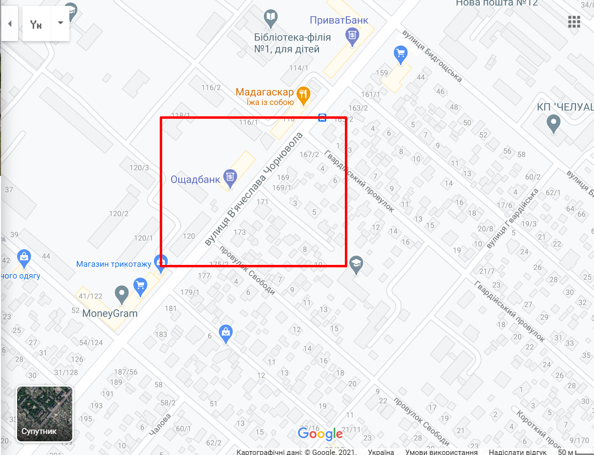 Карта улицы в Черкассах, где возник пожар.