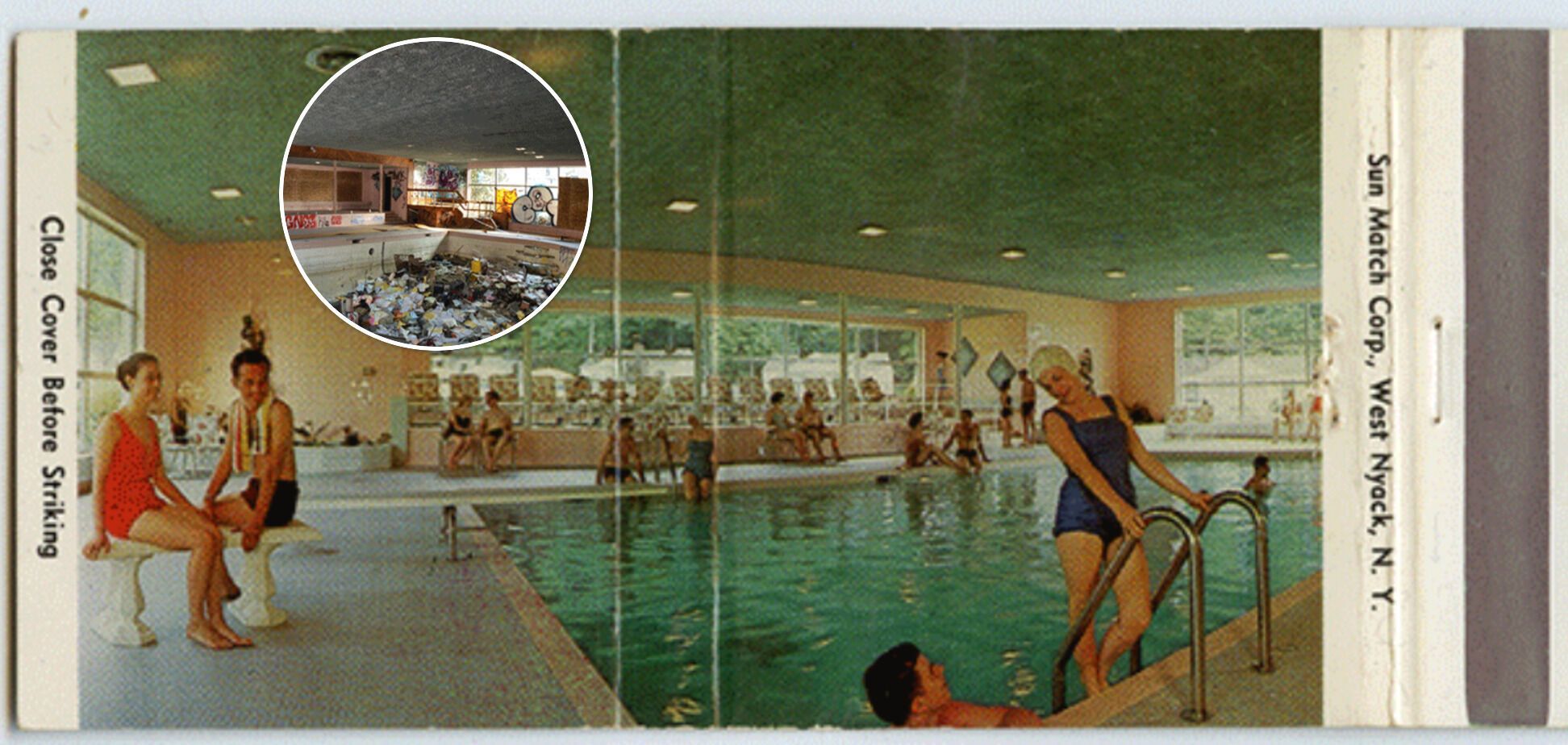 На внутрішній стороні сірникової коробки текст: "Плавання і сонце в критому басейні у Penn Hills Lodge and Cottages. Найкращий сучасний курорт Поконо"