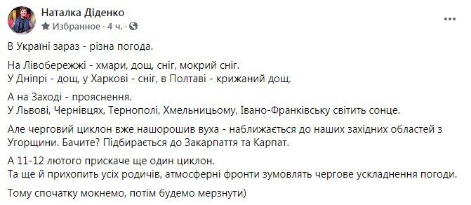 Пост Наталії Діденко у соцмережі