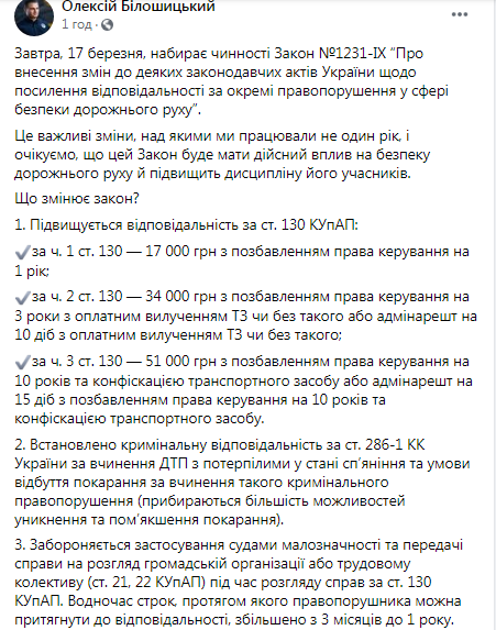 Пост Алексея Билошицкого о повышении штрафов