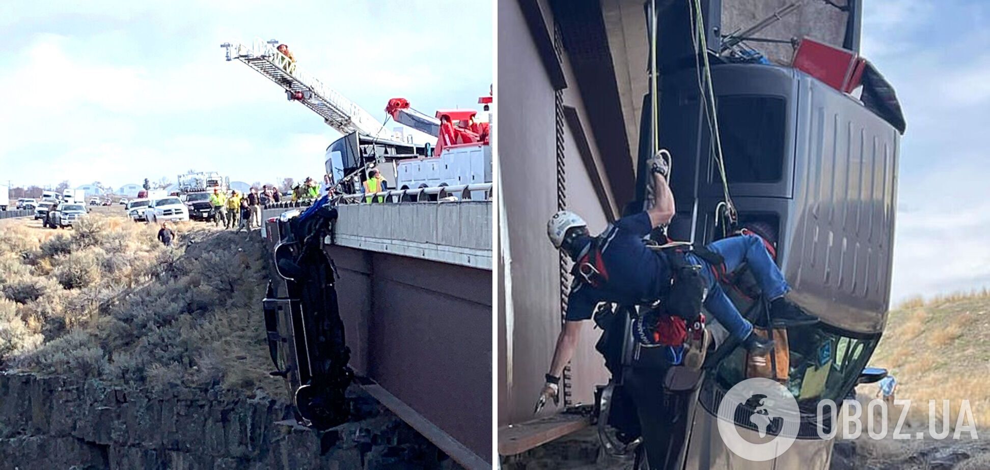 В США пикап попал в аварию на мосту и буквально повис над пропастью