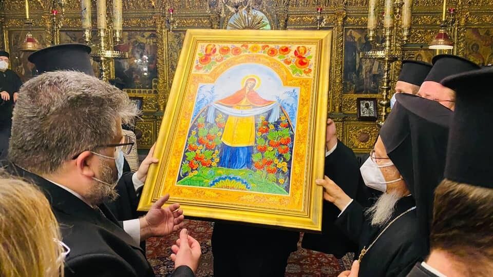 Депутаты Рады подарили Варфоломею икону в стиле петриковской росписи
