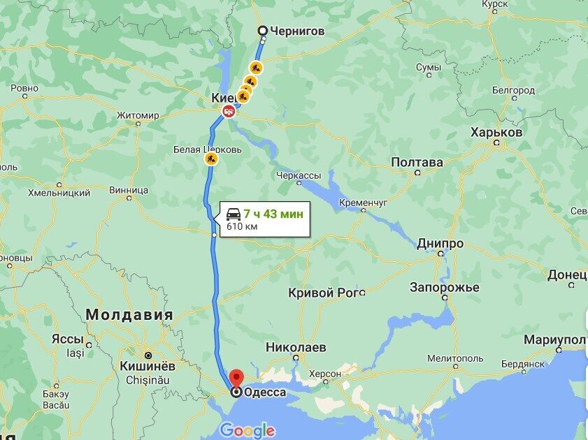 Від Чернігова до Одеси понад 600 км