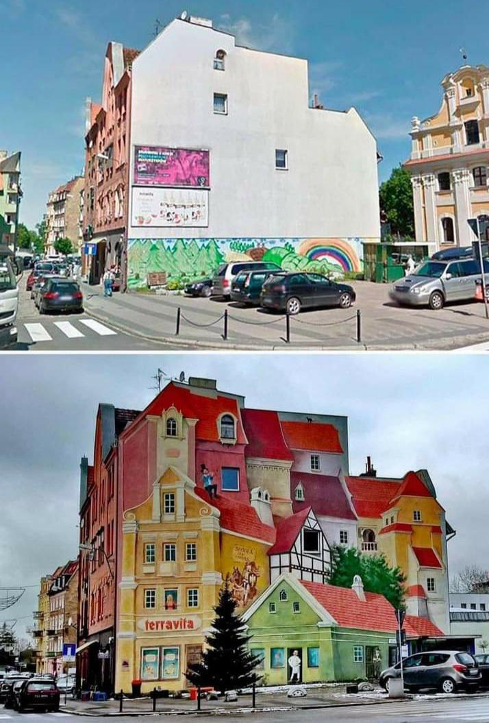 Бічна частина будівлі до і після неймовірного фарбування