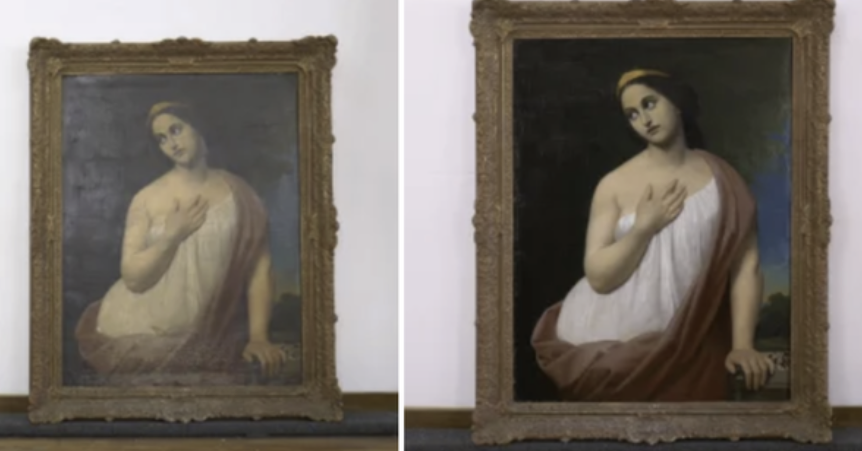 Картина 19 века до и после реставрации.