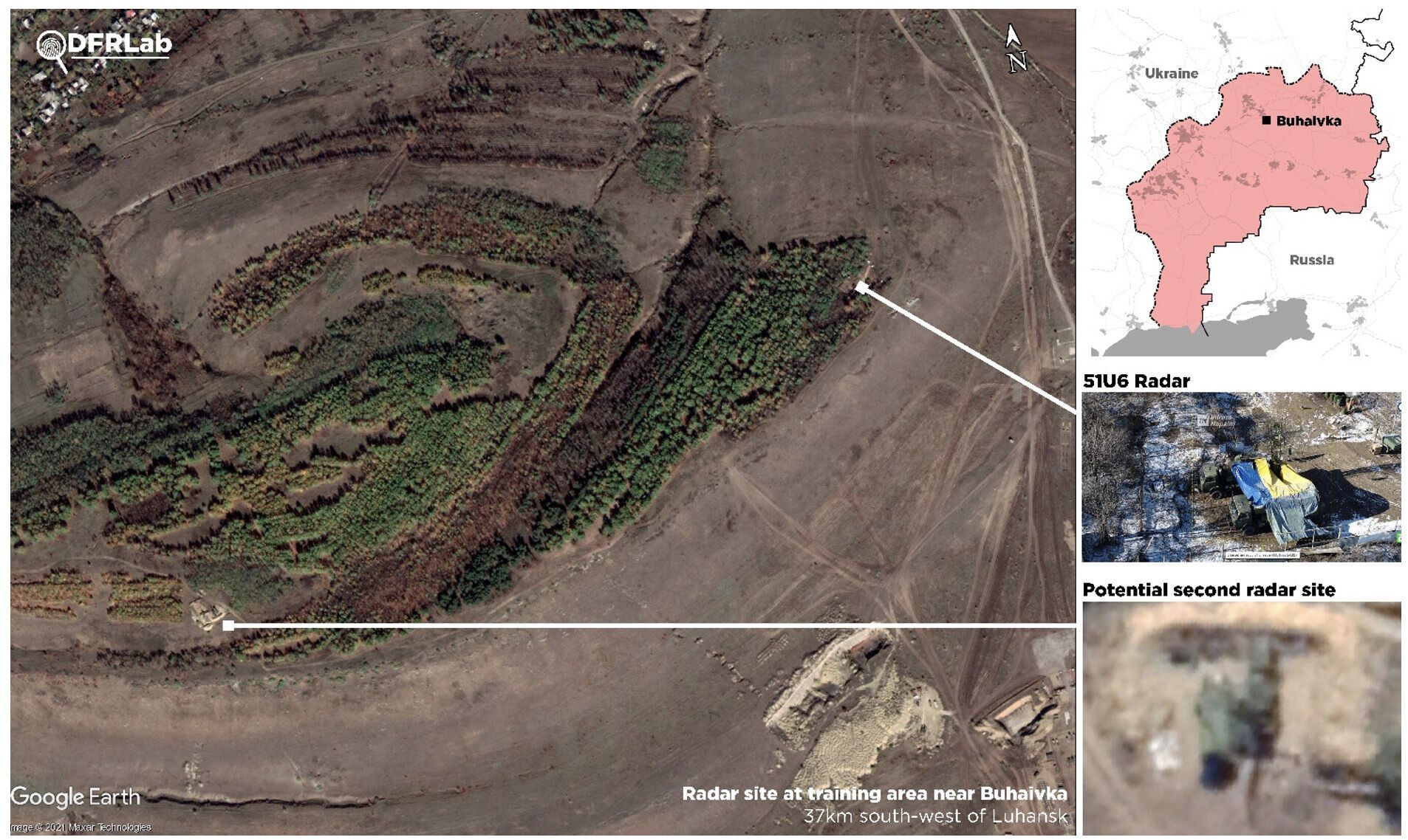 Супутникові знімки, що показують позицію радара на полігоні поблизу Бугаївки